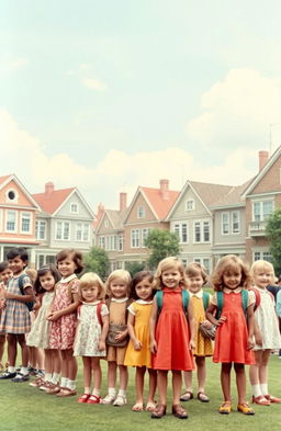 A vintage school line scene featuring children of diverse ethnicities standing in a nostalgic school yard