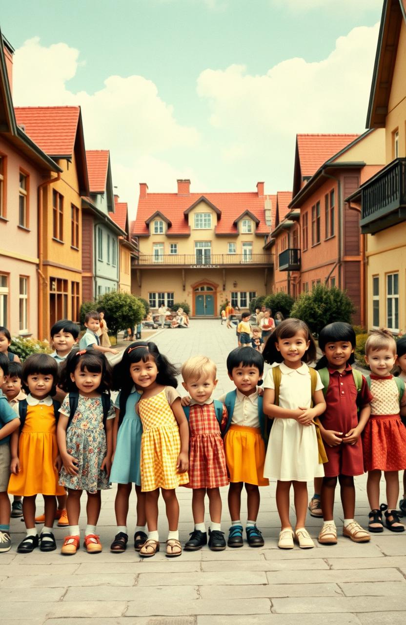 A vintage school line scene featuring children of diverse ethnicities standing in a nostalgic school yard