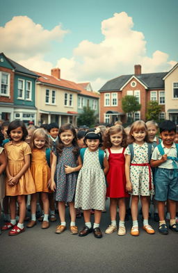 A vintage school line scene featuring children of diverse ethnicities standing in a nostalgic school yard