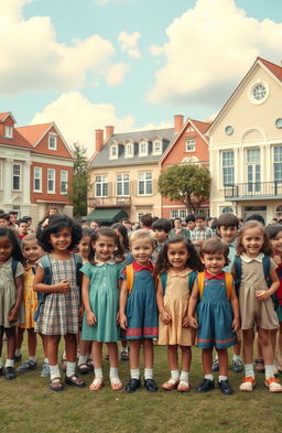 A vintage school line scene featuring children of diverse ethnicities standing in a nostalgic school yard