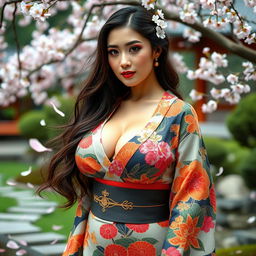 A stunningly attractive woman with very large, round breasts, exuding an aura of beauty and elegance