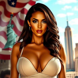 A stunningly beautiful woman with large, round breasts, showcasing her captivating features and confident posture