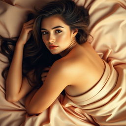 A stylistic portrayal of a confident young woman, reclining gracefully on a luxurious silk sheet, capturing her soft curves and delicate features in a tasteful manner