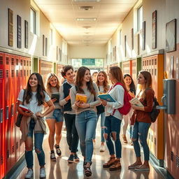 A vibrant and lively school scene featuring attractive young adults in a bustling hallway