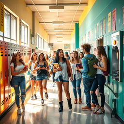 A vibrant and lively school scene featuring attractive young adults in a bustling hallway