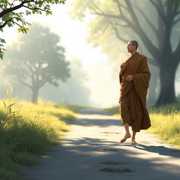 A serene depiction of Lord Buddha walking along a peaceful path, engaging in conversation with a man named Upaka