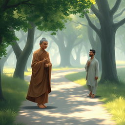 A serene depiction of Lord Buddha walking along a peaceful path, engaging in conversation with a man named Upaka