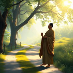 A serene depiction of Lord Buddha walking along a peaceful path, engaging in conversation with a man named Upaka