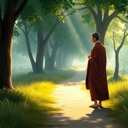 A serene depiction of Lord Buddha walking along a peaceful path, engaging in conversation with a man named Upaka