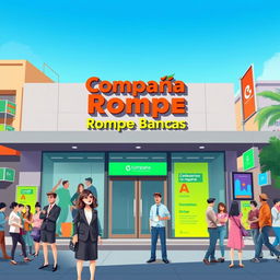 A vibrant and modern illustration of a fictional bank branding called 'Compañía Rompe Bancas', featuring a sleek logo with bold typography and dynamic colors, set amidst a bustling urban environment