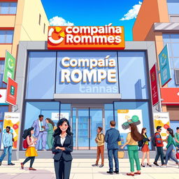 A vibrant and modern illustration of a fictional bank branding called 'Compañía Rompe Bancas', featuring a sleek logo with bold typography and dynamic colors, set amidst a bustling urban environment