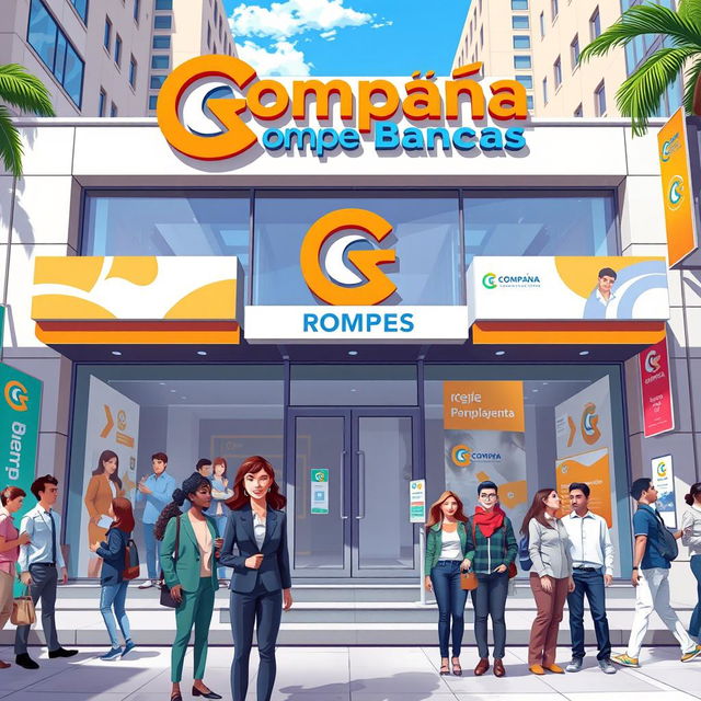 A vibrant and modern illustration of a fictional bank branding called 'Compañía Rompe Bancas', featuring a sleek logo with bold typography and dynamic colors, set amidst a bustling urban environment