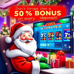 A festive online casino scene, beautifully decorated for Christmas, featuring vibrant colors and sparkling lights