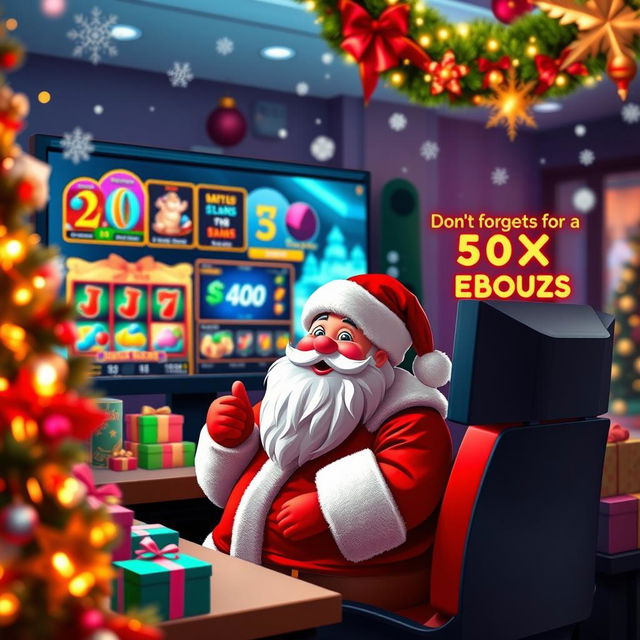 A festive online casino scene, beautifully decorated for Christmas, featuring vibrant colors and sparkling lights