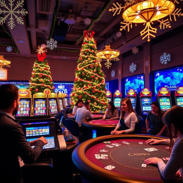 A festive online casino scene for Christmas, decorated with vibrant holiday lights, a Christmas tree adorned with casino-themed ornaments