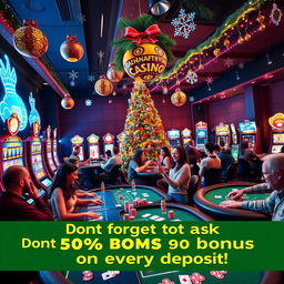 A festive online casino scene for Christmas, decorated with vibrant holiday lights, a Christmas tree adorned with casino-themed ornaments