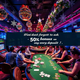 A festive online casino scene for Christmas, decorated with vibrant holiday lights, a Christmas tree adorned with casino-themed ornaments