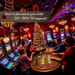 A festive online casino scene for Christmas, decorated with vibrant holiday lights, a Christmas tree adorned with casino-themed ornaments