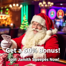A cheerful Santa Claus dressed in his classic red and white outfit, sitting at a casino table with playing cards in his hand and colorful chips stacked in front of him