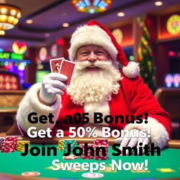 A cheerful Santa Claus dressed in his classic red and white outfit, sitting at a casino table with playing cards in his hand and colorful chips stacked in front of him