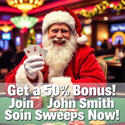 A cheerful Santa Claus dressed in his classic red and white outfit, sitting at a casino table with playing cards in his hand and colorful chips stacked in front of him