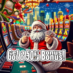 A jolly Santa Claus in a festive casino setting, surrounded by colorful slot machines and poker tables, joyful and excited as he plays various casino games