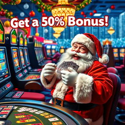 A jolly Santa Claus in a festive casino setting, surrounded by colorful slot machines and poker tables, joyful and excited as he plays various casino games