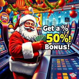 A jolly Santa Claus in a festive casino setting, surrounded by colorful slot machines and poker tables, joyful and excited as he plays various casino games