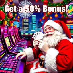 A jolly Santa Claus in a festive casino setting, surrounded by colorful slot machines and poker tables, joyful and excited as he plays various casino games