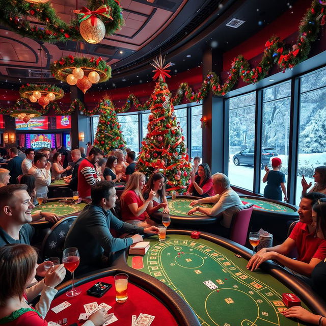 A vibrant and festive casino scene set during Christmas time, featuring a beautifully decorated casino filled with colorful Christmas lights, garlands, and a large Christmas tree adorned with ornaments