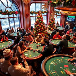 A vibrant and festive casino scene set during Christmas time, featuring a beautifully decorated casino filled with colorful Christmas lights, garlands, and a large Christmas tree adorned with ornaments