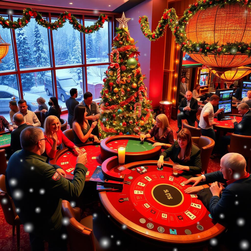 A vibrant and festive casino scene set during Christmas time, featuring a beautifully decorated casino filled with colorful Christmas lights, garlands, and a large Christmas tree adorned with ornaments