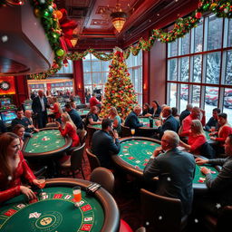 A vibrant and festive casino scene set during Christmas time, featuring a beautifully decorated casino filled with colorful Christmas lights, garlands, and a large Christmas tree adorned with ornaments