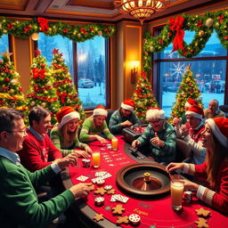 A vibrant and festive Christmas-themed casino scene, filled with colorful decorations like Christmas trees adorned with bright lights, garlands of holly, and snowflakes gently falling outside a large window