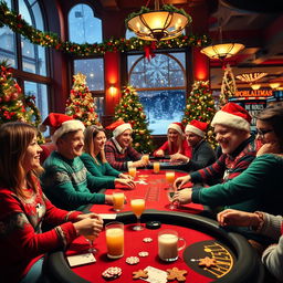 A vibrant and festive Christmas-themed casino scene, filled with colorful decorations like Christmas trees adorned with bright lights, garlands of holly, and snowflakes gently falling outside a large window