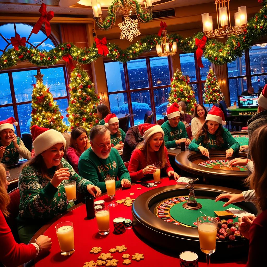 A vibrant and festive Christmas-themed casino scene, filled with colorful decorations like Christmas trees adorned with bright lights, garlands of holly, and snowflakes gently falling outside a large window