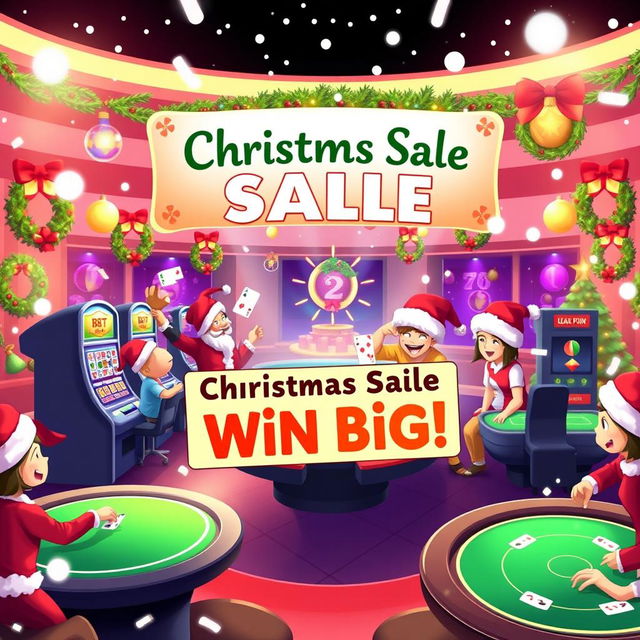 A vibrant digital illustration of an online casino's Christmas sale event