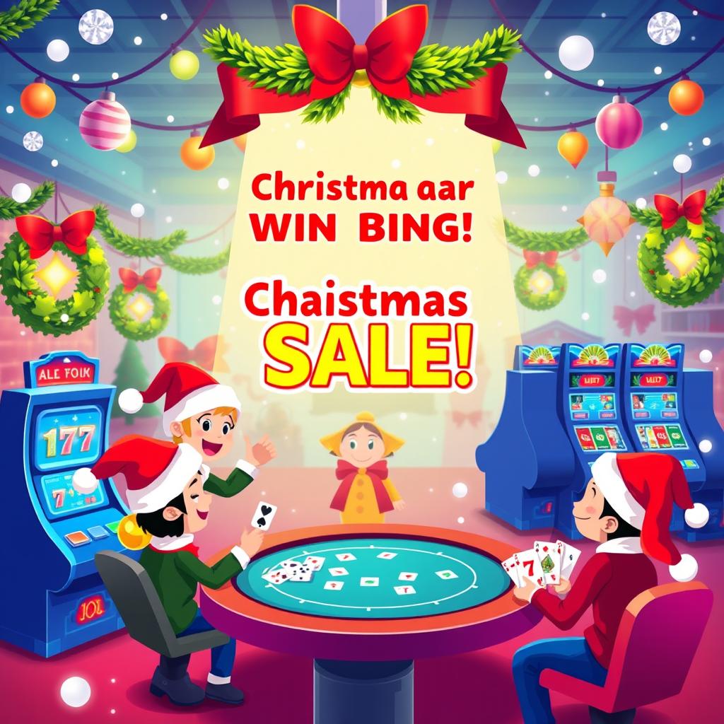 A vibrant digital illustration of an online casino's Christmas sale event