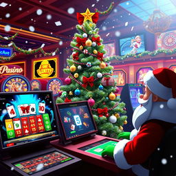 A vibrant and festive online casino scene during Christmas, filled with holiday decorations and bright lights