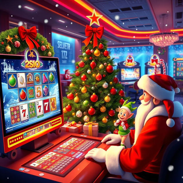 A vibrant and festive online casino scene during Christmas, filled with holiday decorations and bright lights