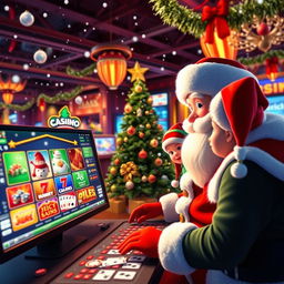 A vibrant and festive online casino scene during Christmas, filled with holiday decorations and bright lights