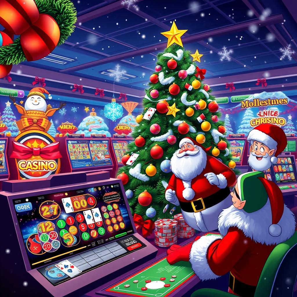 A vibrant and festive online casino scene during Christmas, filled with holiday decorations and bright lights