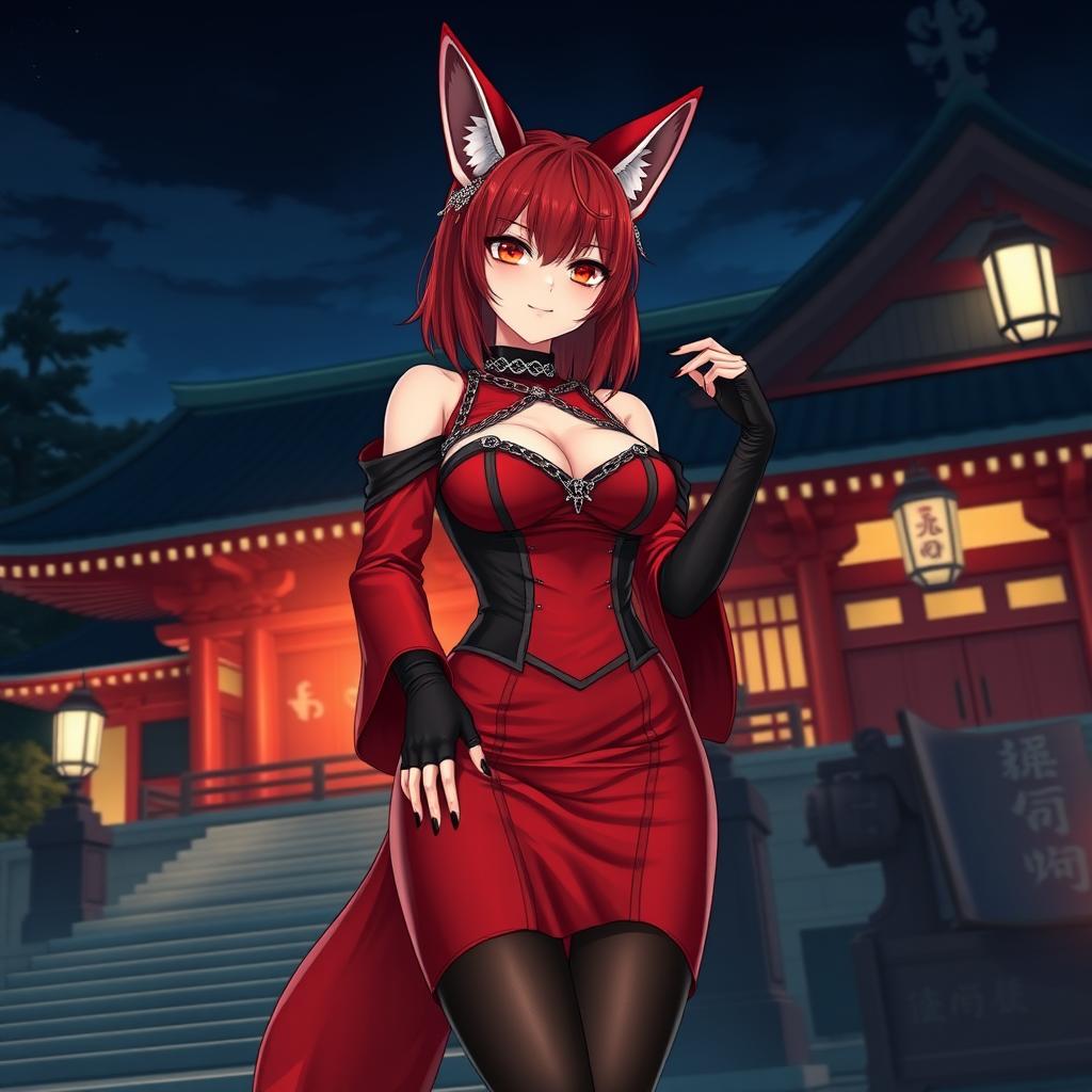 A sexy gothic anime girl Kitsune with shoulder-length red hair, wearing a striking red and black Japanese style dress adorned with chains, featuring long sleeves, a tight corset, and black stockings