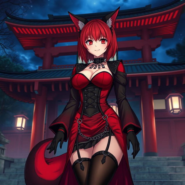 A sexy gothic anime girl Kitsune with shoulder-length red hair, wearing a striking red and black Japanese style dress adorned with chains, featuring long sleeves, a tight corset, and black stockings