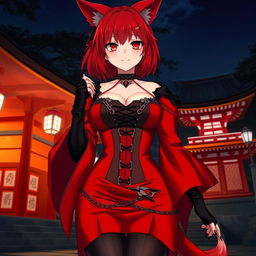 A sexy gothic anime girl Kitsune with shoulder-length red hair, wearing a striking red and black Japanese style dress adorned with chains, featuring long sleeves, a tight corset, and black stockings