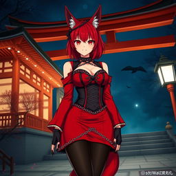 A sexy gothic anime girl Kitsune with shoulder-length red hair, wearing a striking red and black Japanese style dress adorned with chains, featuring long sleeves, a tight corset, and black stockings