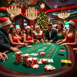 A festive casino scene with Christmas decorations, featuring a vibrant green and red color palette