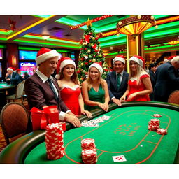 A festive casino scene with Christmas decorations, featuring a vibrant green and red color palette