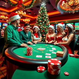 A festive casino scene with Christmas decorations, featuring a vibrant green and red color palette