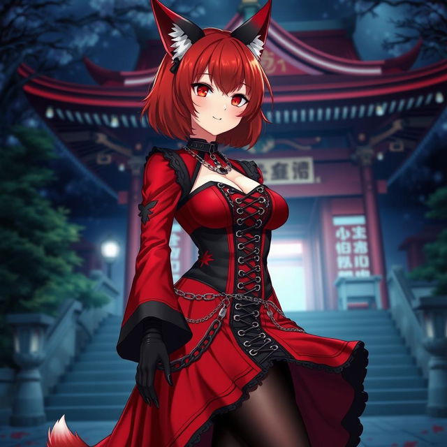 A sexy gothic anime girl Kitsune with shoulder-length red hair, dressed in a captivating red and black Japanese style dress that features numerous chains, long sleeves, and a tight corset, paired with black stockings